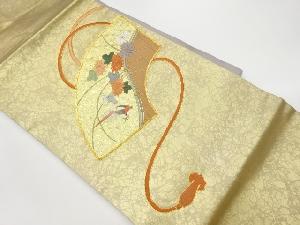 リサイクル　引箔金駒刺繍地紙に菊・鳥模様名古屋帯